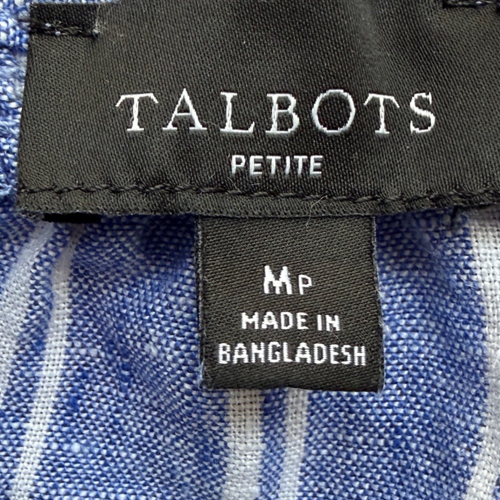 Talbots Linen Blouse Petite Medium Blue White Stripe Boho Peasant Top - Picture 4 of 8